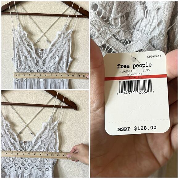 Free People Stardust Lace Midi Dress XS NWT Light Gray Lilac Boho Smocked - Picture 4 of 10